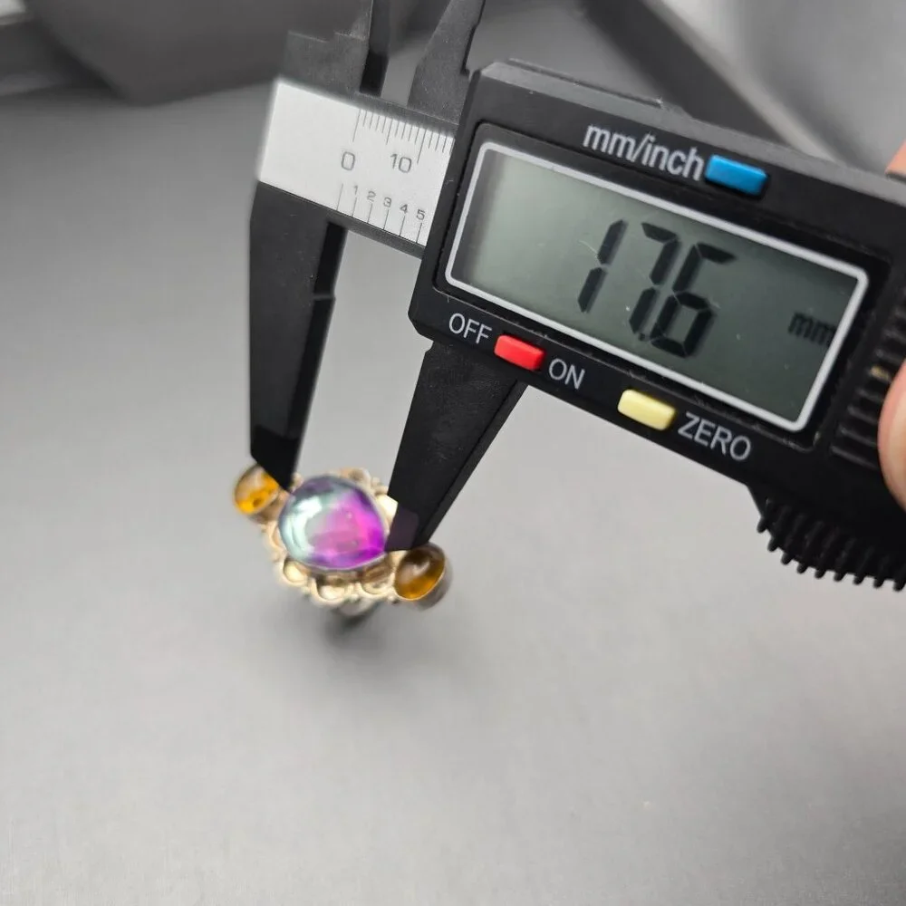 925 Silver-Plated Ring Size 7.5 VTG Glass Teardrop & Amber Cabochon Statement - Picture 9 of 14